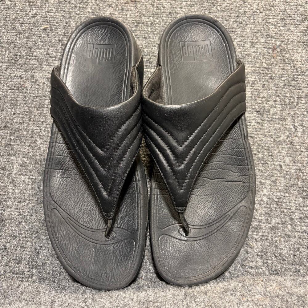 FitFlop Lulu Black Leather Toe Post Thong Sandals Women Size 11 Comfort Wedge